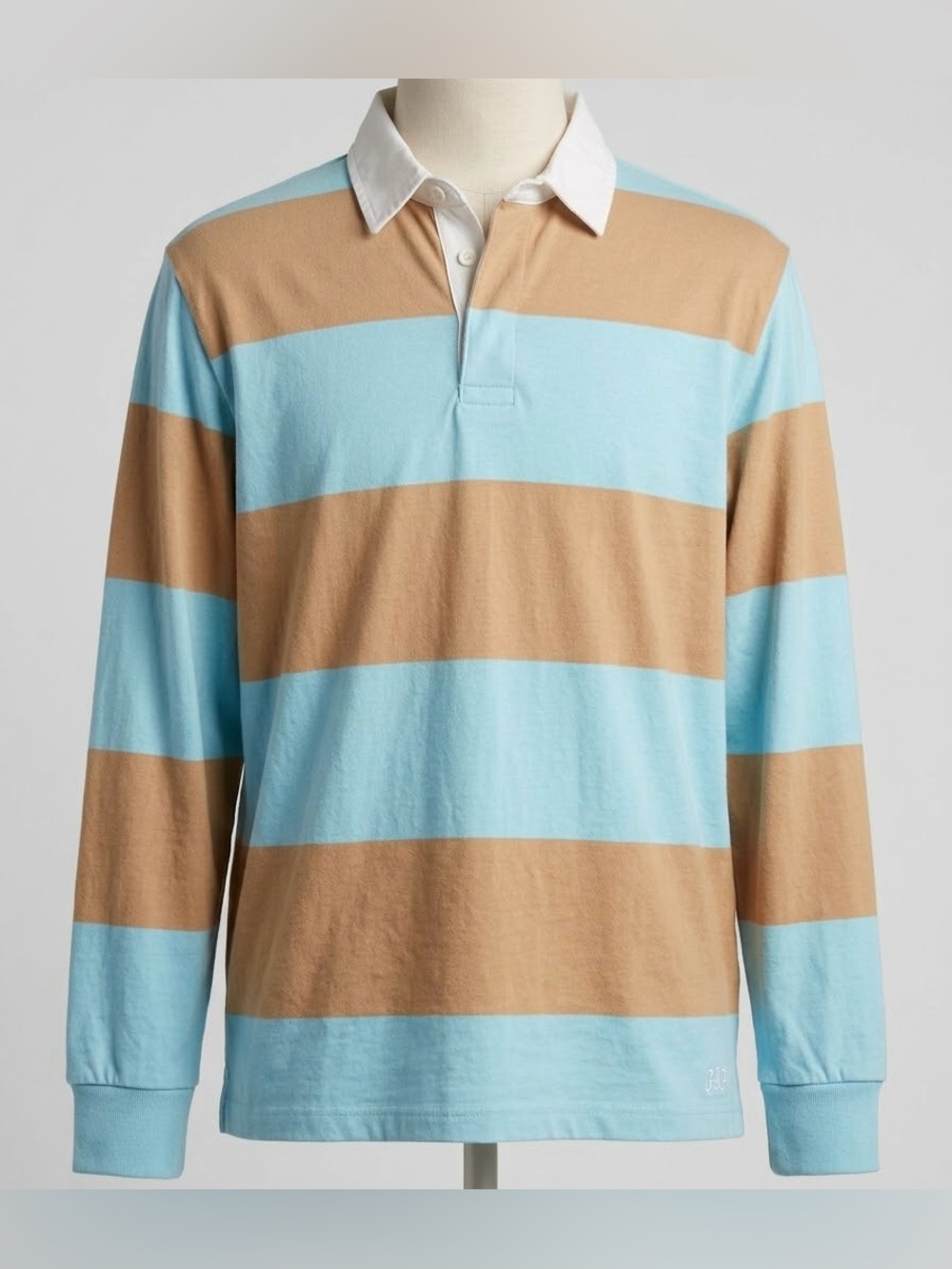 GAP Mens L Long Sleeve Rugby Shirt Tan Light Blue Striped White Collar AOP Tee